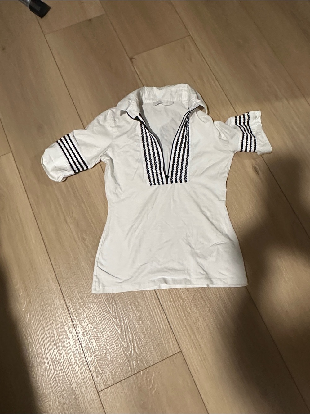 Anne Fontaine White Short-Sleeve Polo Top with Black Trim -size 30